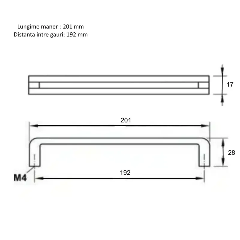 Maner Bare, Negru mat, 192 mm,