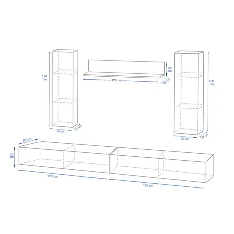 schita living elton 2.4 m PAL si MDF cu 4 dulapuri modulare si o etajera