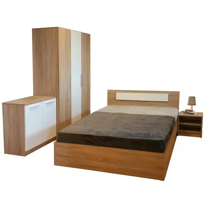 Mobilier dormitor Sonoma din PAL Stejar Sonoma si Alb, dulap 3 usi H200, comoda, pat matrimonial si 2 noptiere