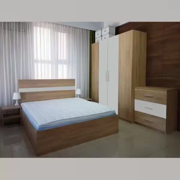 Dormitor din PAL de 18 mm, Salonic, cu dulap in 4 usi L180xH200, pat 140/160x200 cm, comoda cu 3 sertare, 2 noptiere.