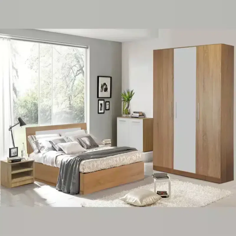 Mobilier dormitor Sonoma din PAL Stejar Sonoma si Alb, dulap 3 usi H200, comoda, pat matrimonial si 2 noptiere