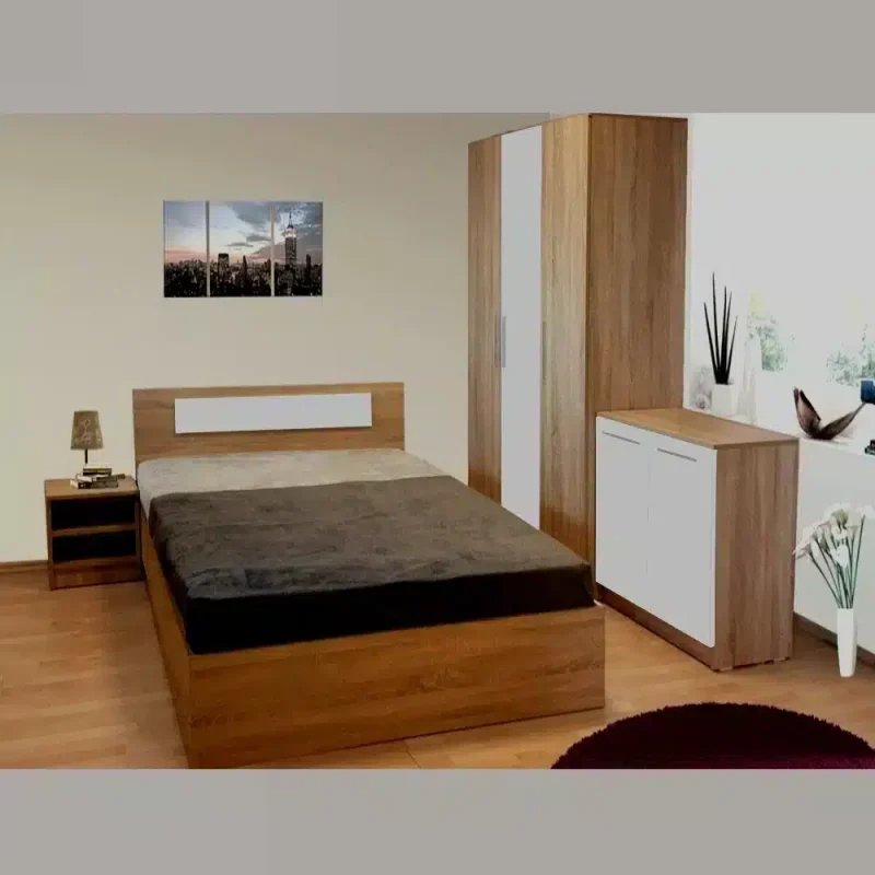 Mobilier dormitor Sonoma din PAL Stejar Sonoma si Alb, dulap 3 usi H200, comoda, pat matrimonial si 2 noptiere