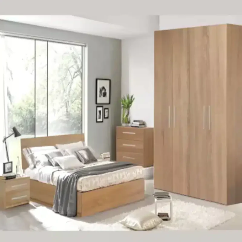 dormitor mondo cu dulap 4 usi H 220 cm cu 5 polite si 2 bare de haine Stejar Sonoma