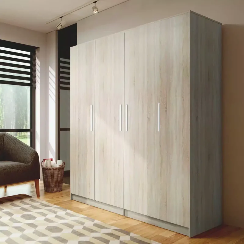 dulap Mondo Salonic cu 4 usi stejar sonoma, cu 9 polite si bara de haine PAL 18 mm