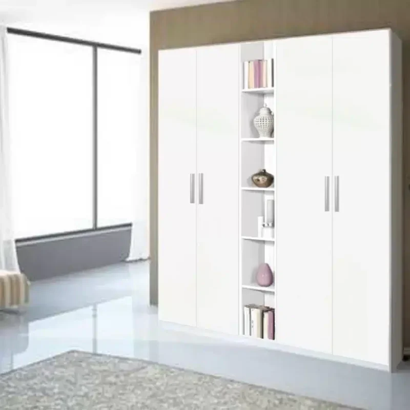 dulap cu 4 usi si etajera alb, 5 polite si 2 bare de haine