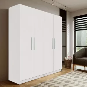 dulap Mondo cu 4 usi H 220 cm alb cu 5 polite si 2 bare de haine