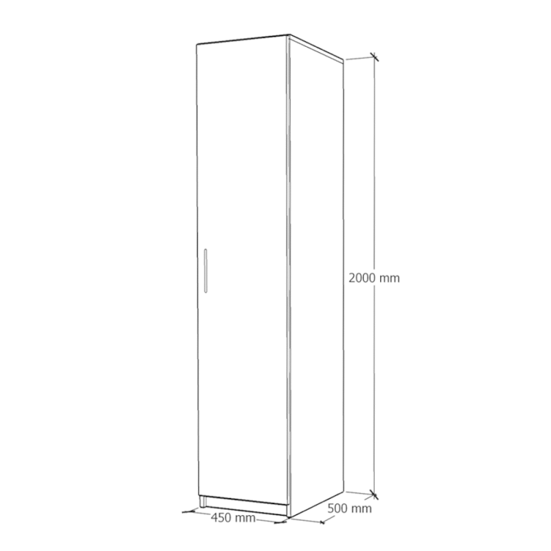 4.Dulap 1 usa schita dimensiuni dulap 1 usa din PAL L 45 x H 200 x A 50 cm