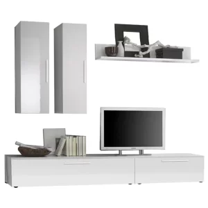 Living Elton, cadru Alb mat si usi MDF Alb lucios, 2m