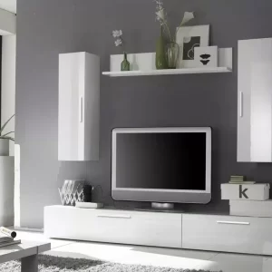 Living Elton, cadru Alb mat si usi MDF Alb lucios, 2m