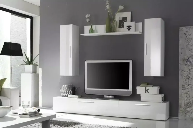 Living Elton, cadru Alb mat si usi MDF Alb lucios, 2m