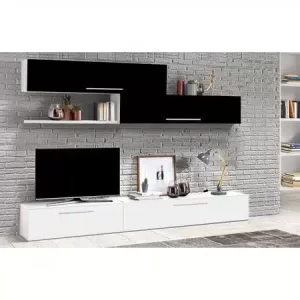 Living Marry, cadru Alb mat, usi jos MDF Alb Lucios, usi sus MDF Negru Lucios, L 2 m