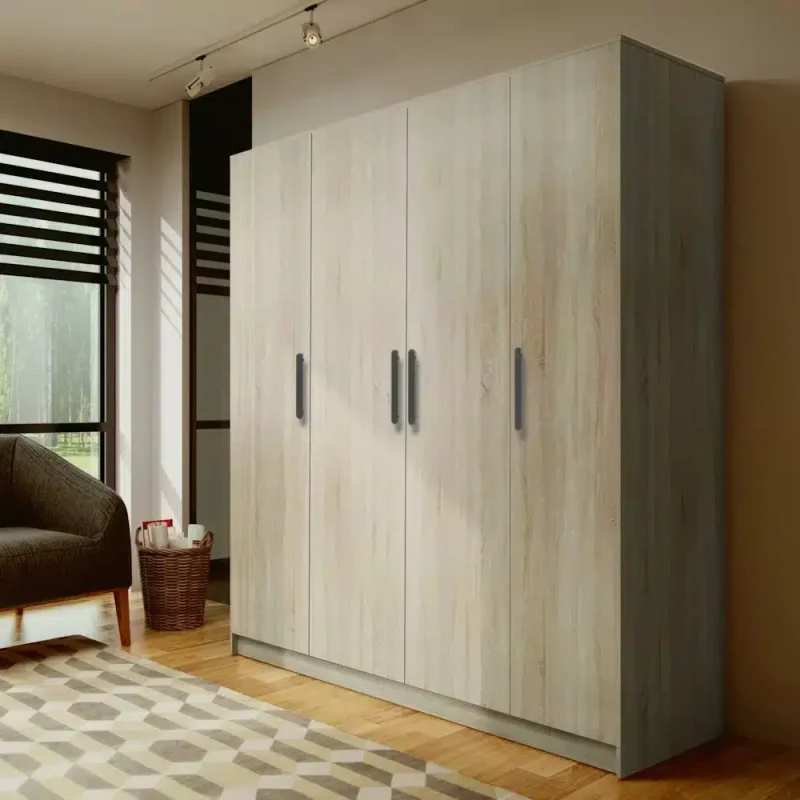 dulap cu 4 usi stejar sonoma, cu 9 polite si bara de haine