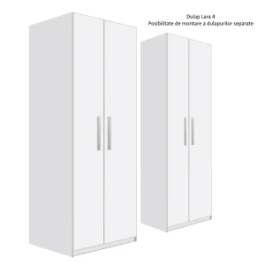 dulap cu 4 usi alb Lara 4, din PAL melaminat, un set de 2 dulapuri individuale cu 4 polite si 2 bare de haine, H200 x A50 x L180 cm