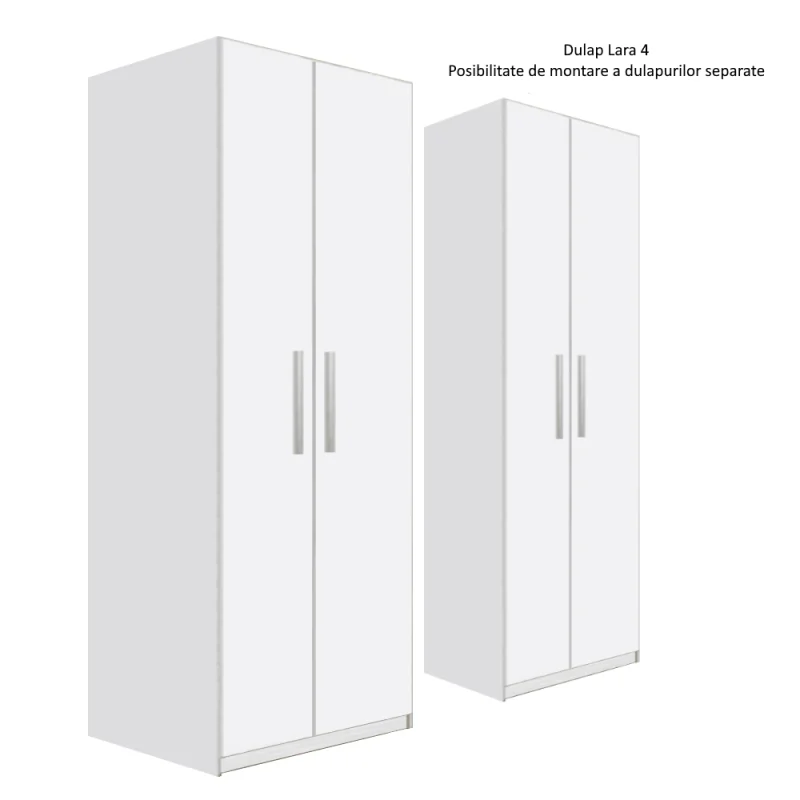 dulap cu 4 usi alb Lara 4, din PAL melaminat, un set de 2 dulapuri individuale cu 4 polite si 2 bare de haine, H200 x A50 x L180 cm