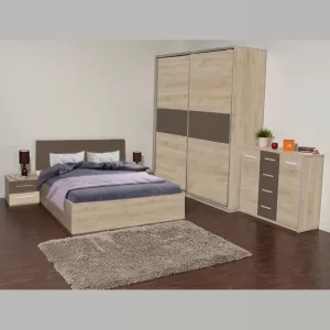 Dormitor cu Dressing din PAL melaminat pe ambele fete de 18 mm, Stejar Sonoma si Latte, cant ABS de 0.4 mm