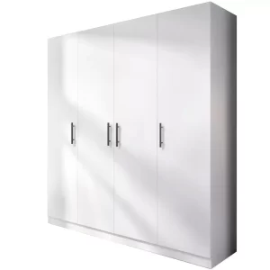 dulap Salonic cu 4 usi alb, cu 9 polite si bara de haine