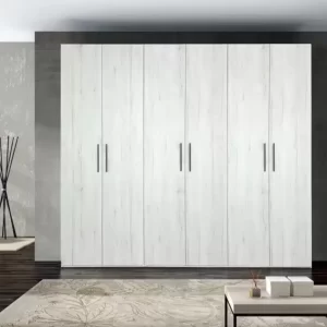 Dulap 6 usi Stejar Monaco Alb, L240xH220xA50 cm, PAL de 18 mm, cant ABS de 0.4 mm, balamale cu amortizor HAFELE, manere metalice.