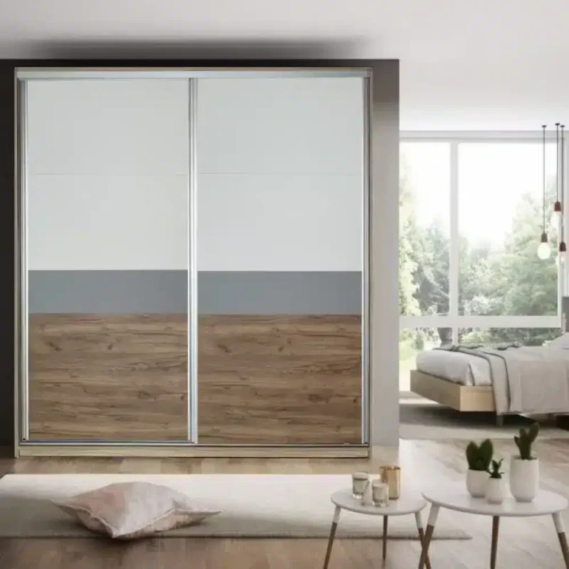 Dressing cu usi culisante Stejar Tobacco, Gri si Grej, PAL melaminat de 18 mm, cant ABS, disponibil pe 32 de dimensiuni, la alegere.