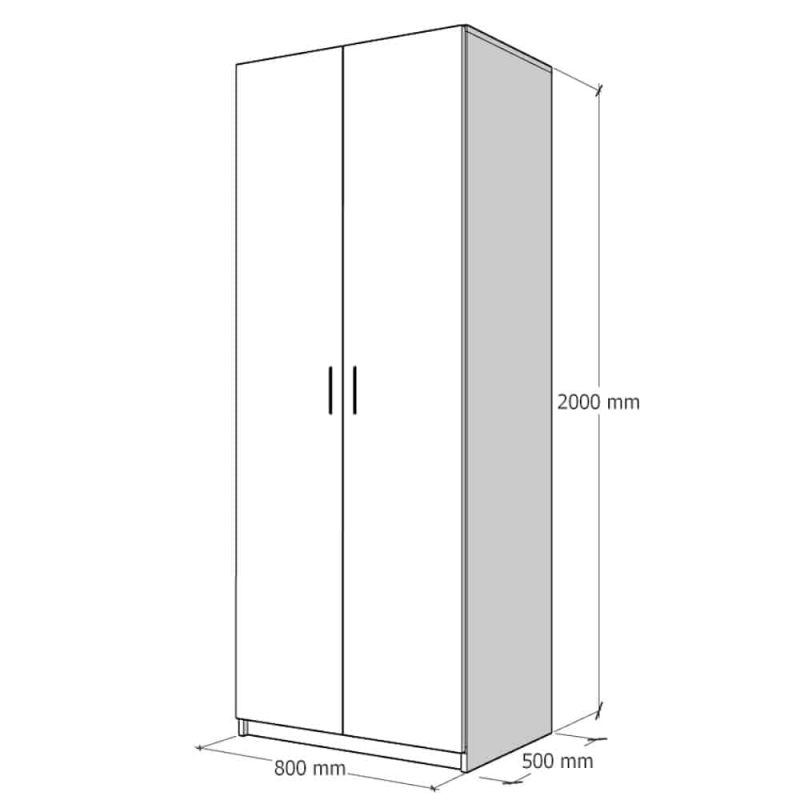 schita dulap cu 2 usi H 200 x L 90 x A 50 cm