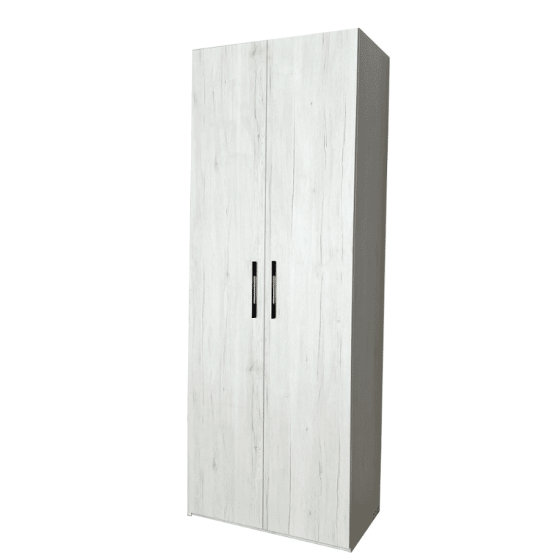 Dulap cu 5 etajere sau 2 bare de haine, Mondo, Stejar Monaco Alb, L80xH220xA50 cm, PAL 18 mm, cant ABS 0.4 mm, balamale cu amortizor HAFELE, manere negre.