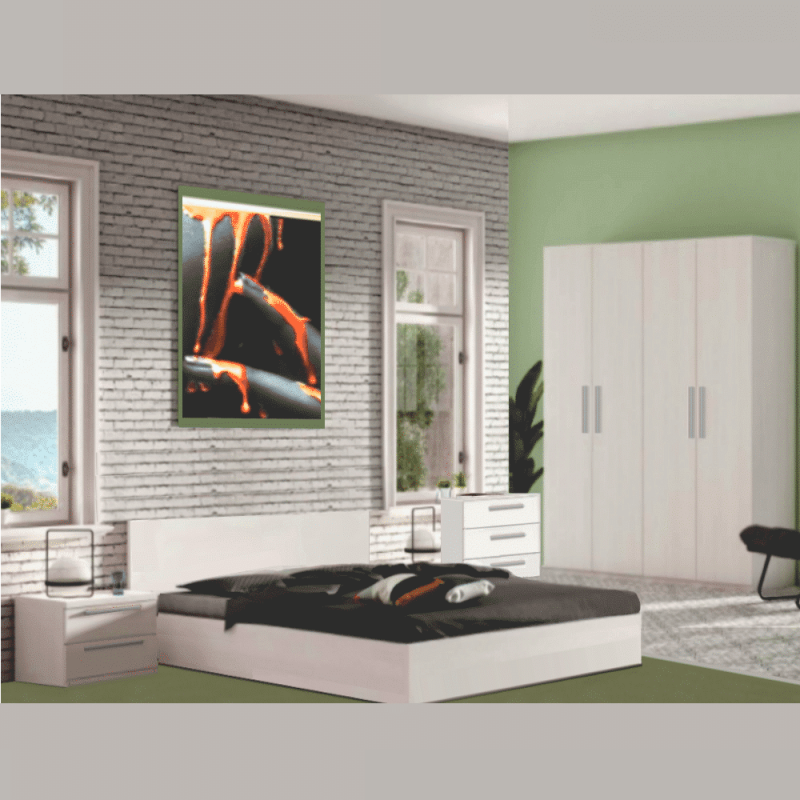 Mobilier Dormitor Mondo cu pat matrimonial, dulap cu 4 usi si H220 cm, comoda cu 3 sertare si 2 noptiere cu 2 sertare fiecare, din PAL melaminat pe ambele fete de 18 mm grosime si cant ABS.