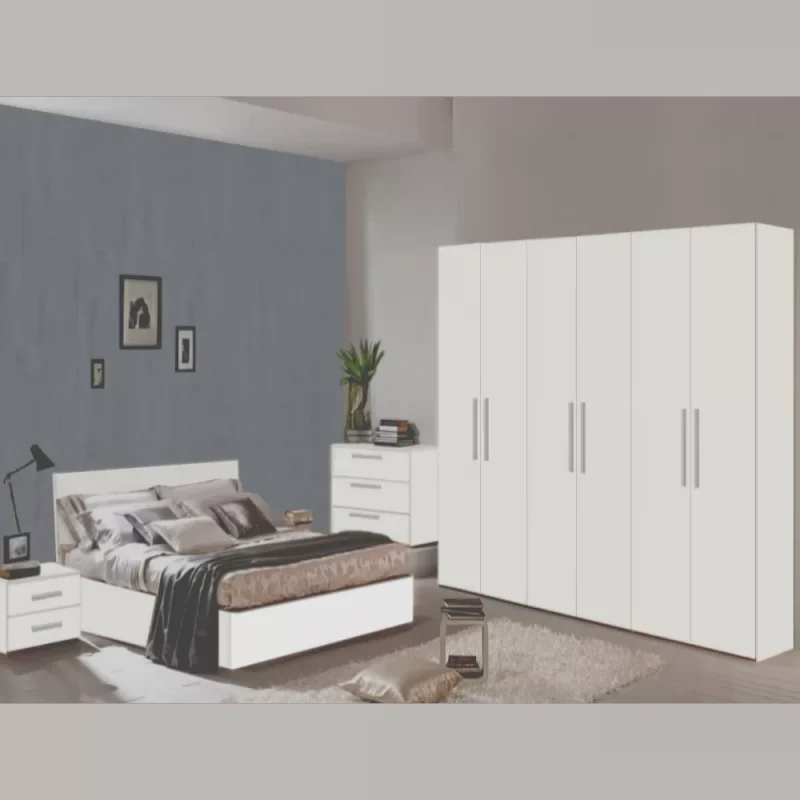 Mobilier Dormitor Alb Mondo cu pat matrimonial, dulap cu 6 usi si H220 cm, comoda cu 3 sertare si 2 noptiere cu 2 sertare fiecare, din PAL melaminat pe ambele fete de 18 mm grosime si cant ABS.