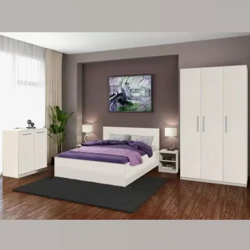 Mobila dormitor din PAL de 18 mm- set dulap 3 usi cu L135 cm, pat matrimonial de 140x200 sau 160x200, comoda, 2 noptiere.