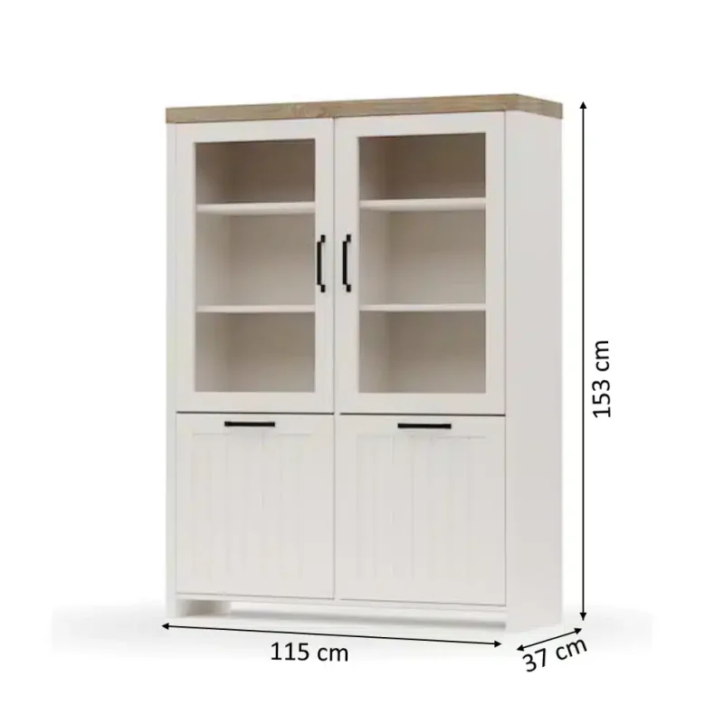 2.2.Vitrina Lara Verne 4 usi 2W2D Alb cu Stejar Pietros_ Vitrina Verne Alb / Stejar Pietros H153 x L115 x A37 cm cu 4 usi