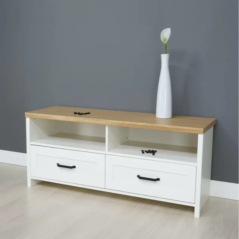 Comoda TV Verne  Alb / Stejar Pietros H53 x L138 x A45 cm cu 2 sertare