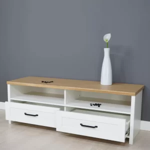 Comoda TV cu 2 sertare si 2 rafturi, L138xA45xH53 cm, PAL Alb si Stejar Pietros, cant ABS.