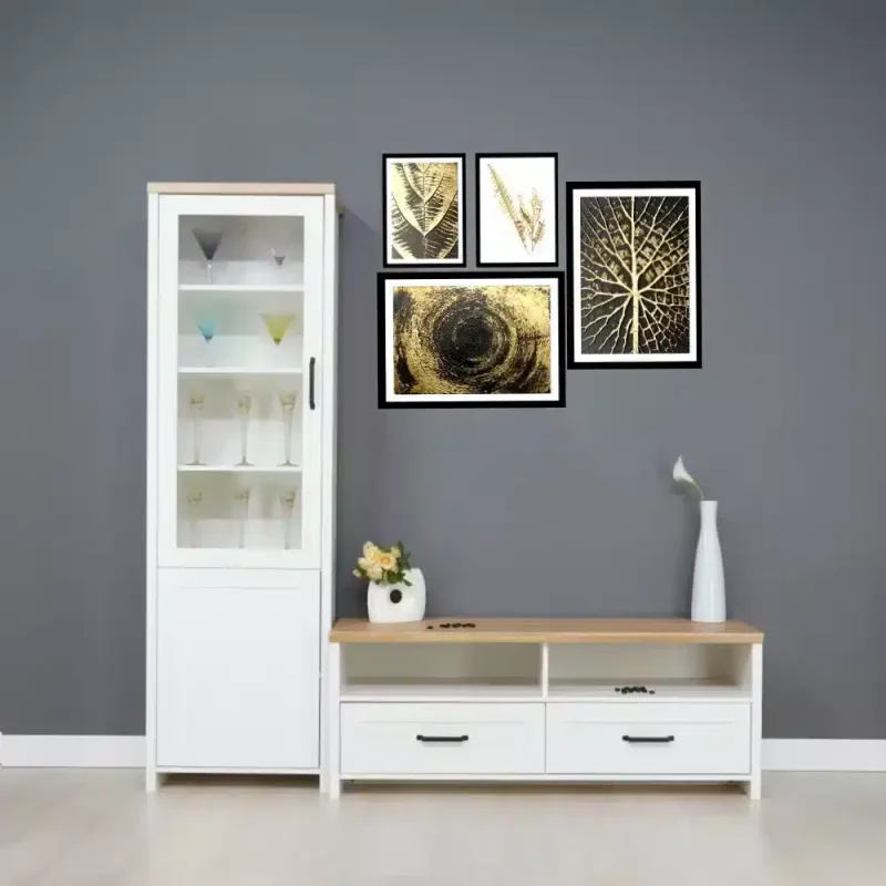 Mobila living 2 m, L198xA45xH192 cm, comoda TV si vitrina, realizata din PAL melaminat, Alb si Stejar Pietros, cant ABS.