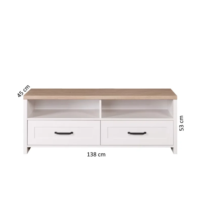 Comoda TV Verne  Alb / Stejar Pietros H53 x L138 x A45 cm cu 2 sertare