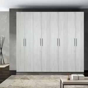 Dulap 8 Usi Stejar Monaco Alb, L320xH220xA50 cm, PAL 18 mm, cant ABS 0.4 mm, balamale cu amortizor HAFELE, manere negru crom.