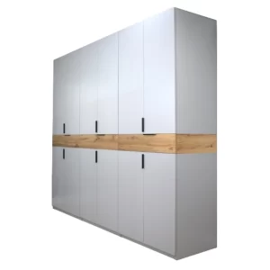 dulap king 6 usi 3 sertare din PAL Gri si Stejar Gold manere metalice negre