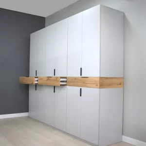 dulap king 6 usi 3 sertare din PAL Gri si Stejar Gold