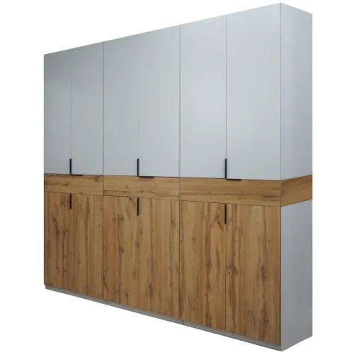 4.4.Dulap King 6 usi 3 sertare stejar Gold sertar Gold usi sus gri balamale glisiere Hafele dulap King 6s cu 3 sertare din PAL Stejar Gold si Gri deschis