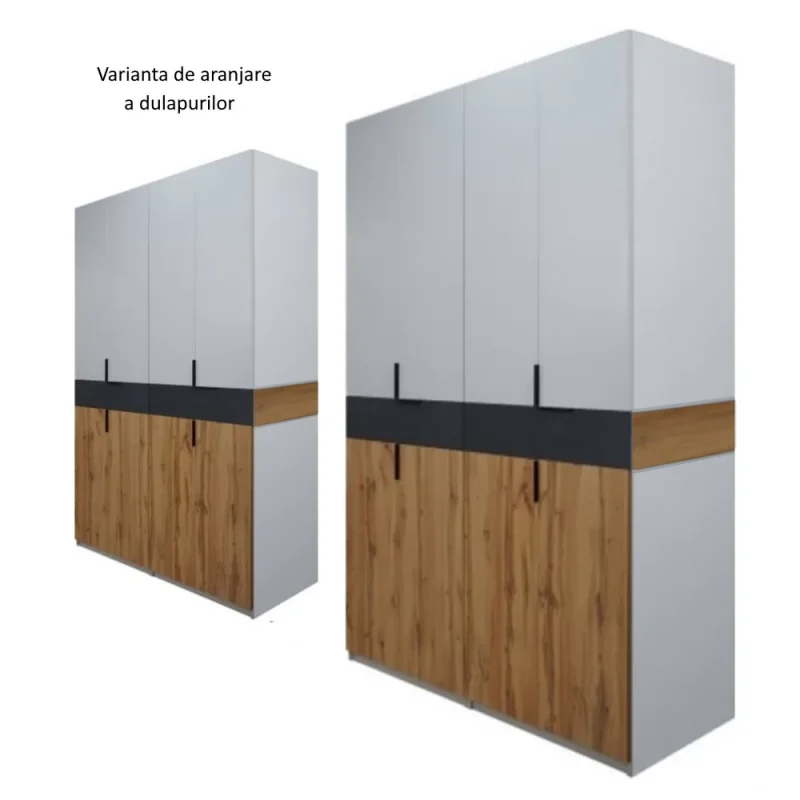 Dulap King 8s Stejar Gold / Grafit / Gri, H 240 x L 320 x A 50 cm, cu 4 sertare, Balamale Soft close si Glisiere Hafele, PAL 18 mm, Depozitare ampla, Compartimentare Flexibila