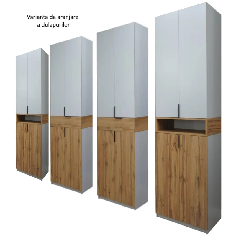 varianta montaj Dulap King cu sertare si rafturi din PAL Stejar Gold si Gri deschis