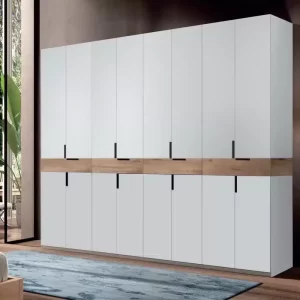 dulap King 8s cu 4 sertare din PAL Gri deschis si Stejar Gold cu decor