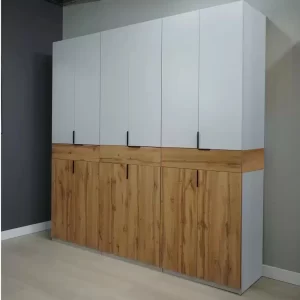 dulap King 6s cu 3 sertare din PAL Stejar Gold si Gri deschis