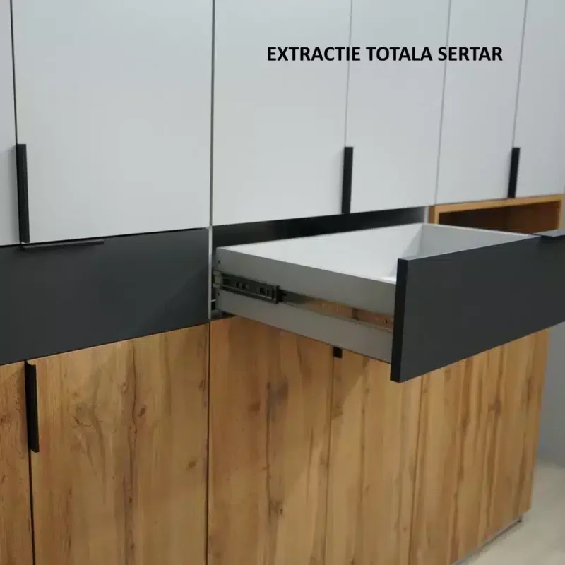 Dulap King Gold 6s extractie totala sertar Dulap King 6s, Stejar Gold / Grafit / Gri, L 240 x H 240 x A 50 cm, cu 3 sertare, Balamale Soft close si Glisiere Hafele, PAL 18 mm, Depozitare ampla, Compartimentare Flexibila