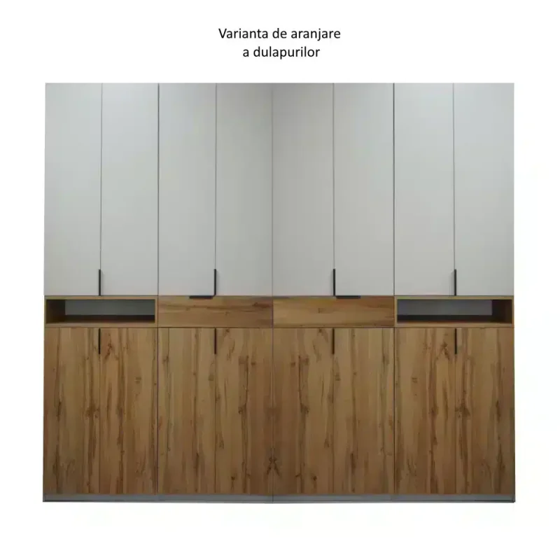 Dulap King 8r, Stejar Gold / Gri, H 240 cm, cu 2 sertare si rafturi, Balamale Soft close si Glisiere Hafele, PAL 18 mm, Depozitare ampla, Compartimentare Flexibila