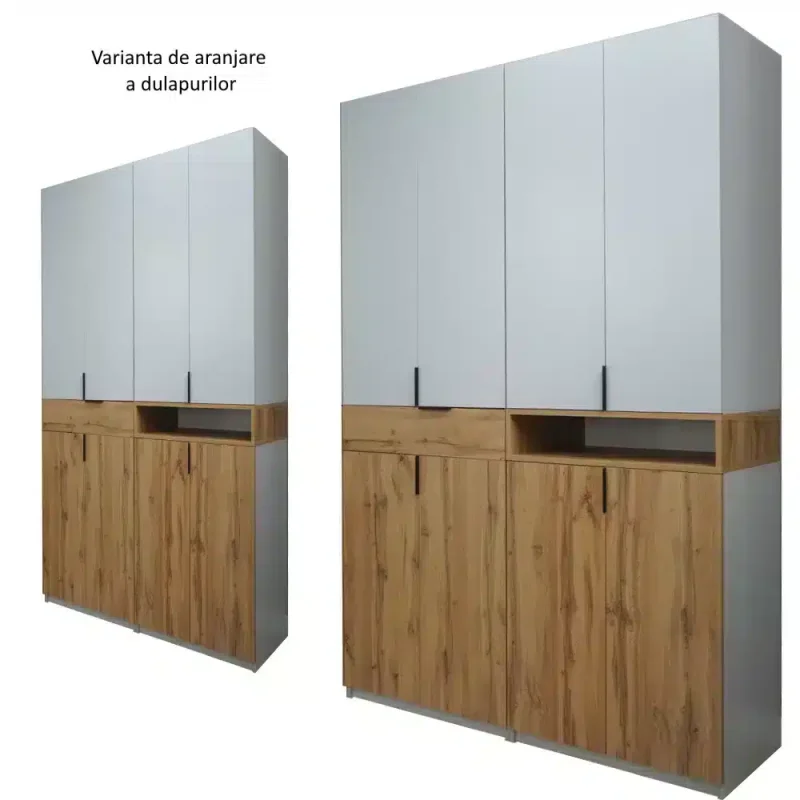 Dulap King 8r, Stejar Gold / Gri, H 240 cm, cu 2 sertare si rafturi, Balamale Soft close si Glisiere Hafele, PAL 18 mm, Depozitare ampla, Compartimentare Flexibila