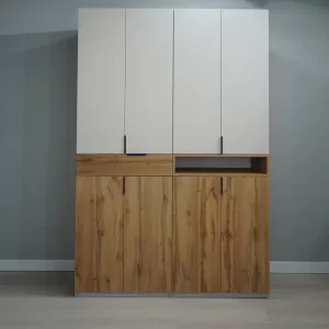 Dulap King 4r, Stejar Gold / Gri, H 240 cm, cu sertar, Balamale Soft close si Glisiere Hafele, PAL 18 mm, Depozitare ampla, Compartimentare Flexibila