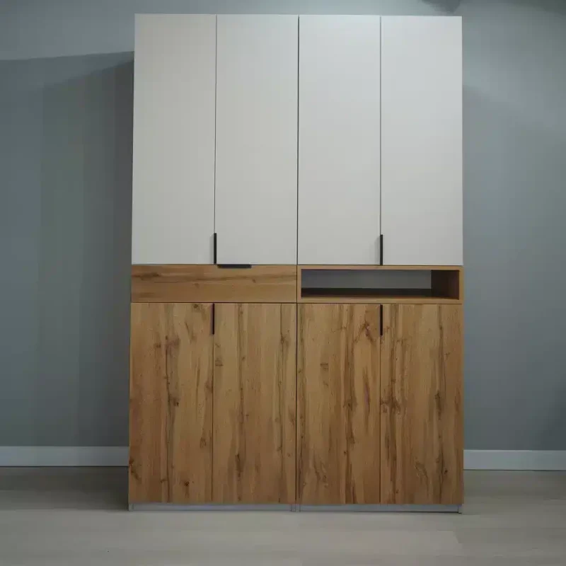 Dulap King 4r, Stejar Gold / Gri, H 240 cm, cu sertar, Balamale Soft close si Glisiere Hafele, PAL 18 mm, Depozitare ampla, Compartimentare Flexibila