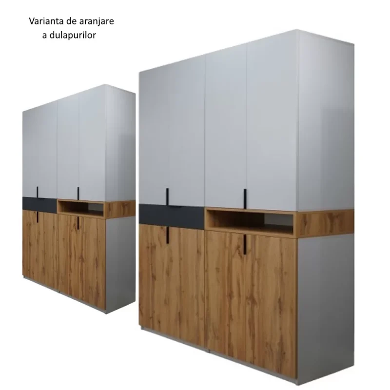 Dulap King Gold Grafit 8r 3 Dulap King 8r, Stejar Gold / Grafit / Gri, H 240 x L 320 x A 50 cm, cu 2 sertare si rafturi, Balamale Soft close si Glisiere Hafele, PAL 18 mm, Depozitare ampla, Compartimentare Flexibila