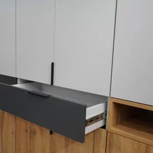 Dulap King 4s, Stejar Gold / Grafit / Gri, L 160 x H 240 x A 50 cm, cu 2 sertare, Balamale Soft close si Glisiere Hafele, PAL 18 mm, Depozitare ampla, Compartimentare Flexibila