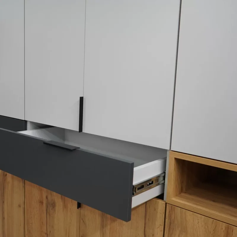 Dulap King 4s, Stejar Gold / Grafit / Gri, L 160 x H 240 x A 50 cm, cu 2 sertare, Balamale Soft close si Glisiere Hafele, PAL 18 mm, Depozitare ampla, Compartimentare Flexibila