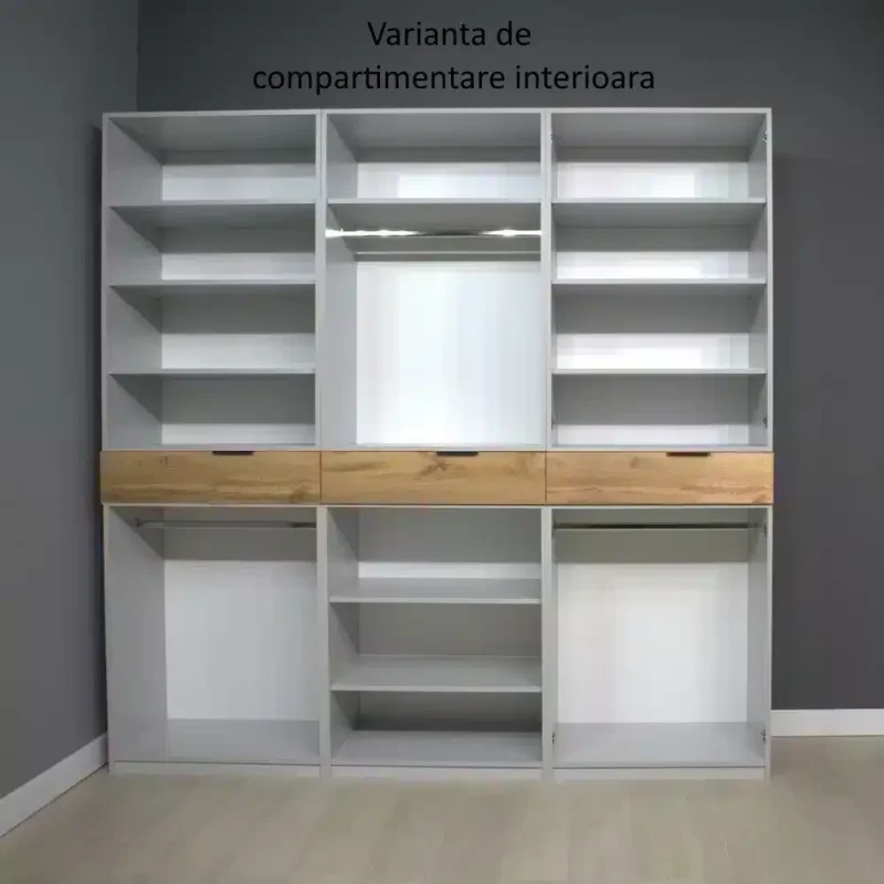 Dulap King 6s, Gri / Stejar Gold, L 240 x H 240 x A 50 cm, cu 3 sertare, Balamale Soft close si Glisiere Hafele, PAL 18 mm, Depozitare ampla, Compartimentare Flexibila