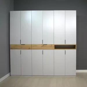 Dulap King 6r, Gri / Stejar Gold, L 240 x H 240 x A 50 cm, cu 2 sertare, Balamale Soft close si Glisiere Hafele, PAL 18 mm, Depozitare ampla, Compartimentare Flexibila